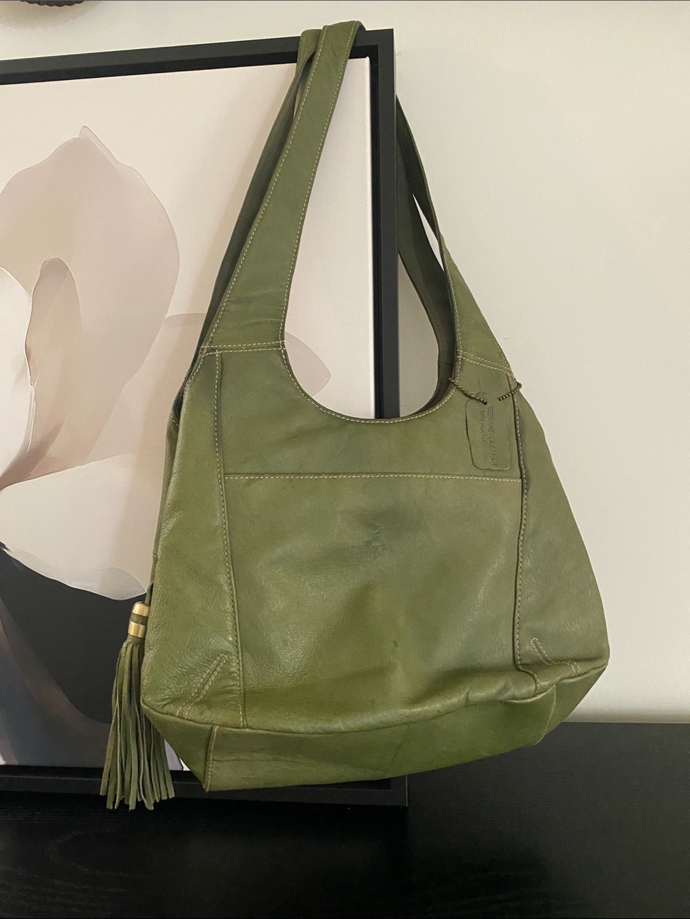 St. John’s Bay Olive Green Leather Hobo Bag With Leather Tassel Pull